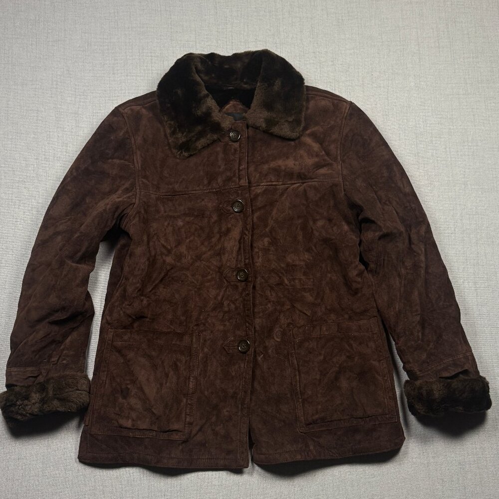 Dennis Basso Leather Coat Faux Fur Trim Button Down Dark Brown